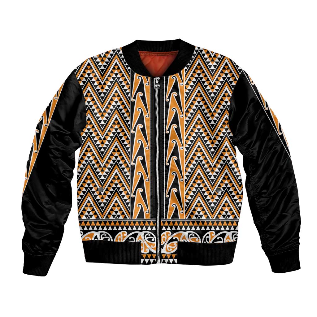 New Zealand Maori Niho Taniwha Bomber Jacket Karaka Mangopare and Puhoro Pattern