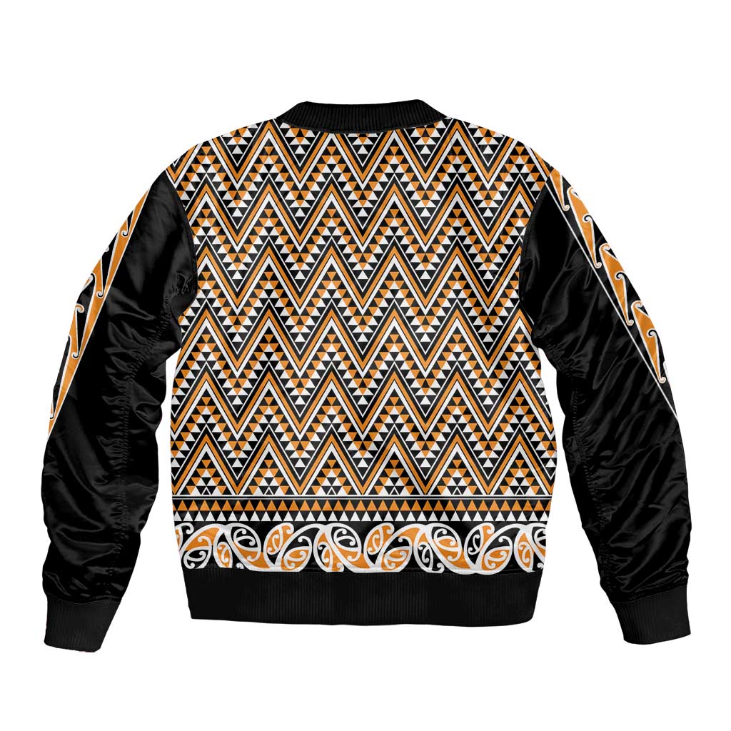 New Zealand Maori Niho Taniwha Bomber Jacket Karaka Mangopare and Puhoro Pattern