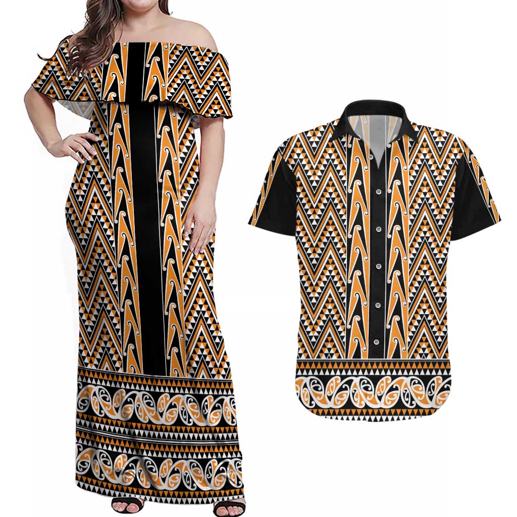 New Zealand Maori Niho Taniwha Couples Matching Off Shoulder Maxi Dress and Hawaiian Shirt Karaka Mangopare and Puhoro Pattern