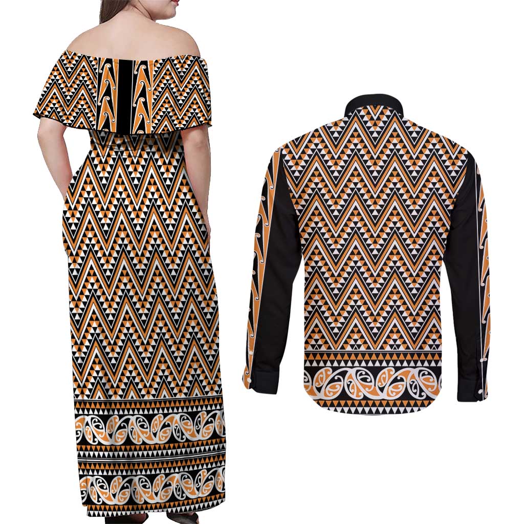 New Zealand Maori Niho Taniwha Couples Matching Off Shoulder Maxi Dress and Long Sleeve Button Shirt Karaka Mangopare and Puhoro Pattern