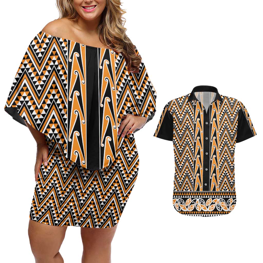 New Zealand Maori Niho Taniwha Couples Matching Off Shoulder Short Dress and Hawaiian Shirt Karaka Mangopare and Puhoro Pattern
