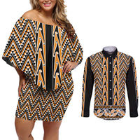 New Zealand Maori Niho Taniwha Couples Matching Off Shoulder Short Dress and Long Sleeve Button Shirt Karaka Mangopare and Puhoro Pattern