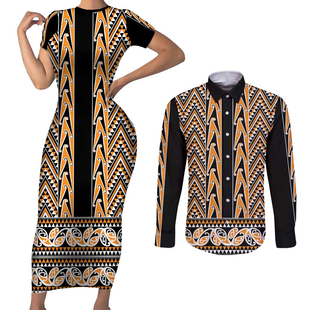 New Zealand Maori Niho Taniwha Couples Matching Short Sleeve Bodycon Dress and Long Sleeve Button Shirt Karaka Mangopare and Puhoro Pattern