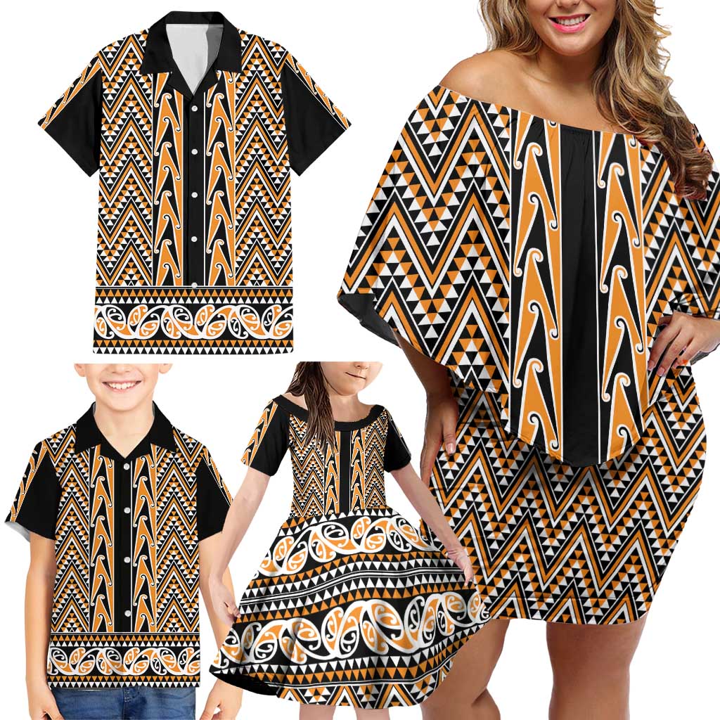 New Zealand Maori Niho Taniwha Family Matching Off Shoulder Short Dress and Hawaiian Shirt Karaka Mangopare and Puhoro Pattern