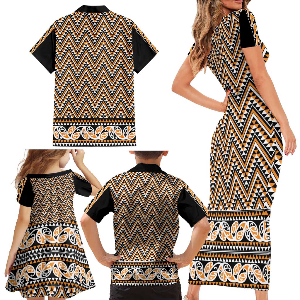 New Zealand Maori Niho Taniwha Family Matching Short Sleeve Bodycon Dress and Hawaiian Shirt Karaka Mangopare and Puhoro Pattern