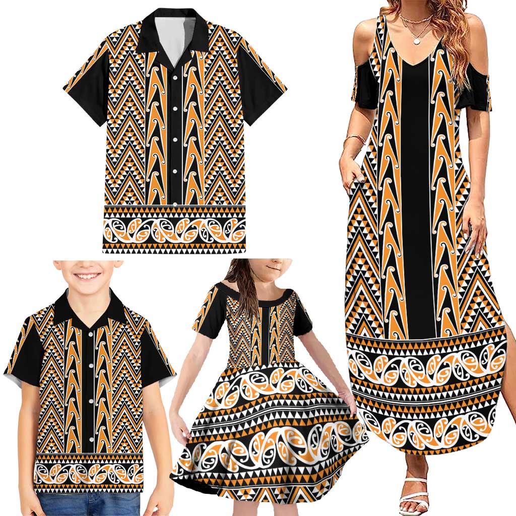 New Zealand Maori Niho Taniwha Family Matching Summer Maxi Dress and Hawaiian Shirt Karaka Mangopare and Puhoro Pattern