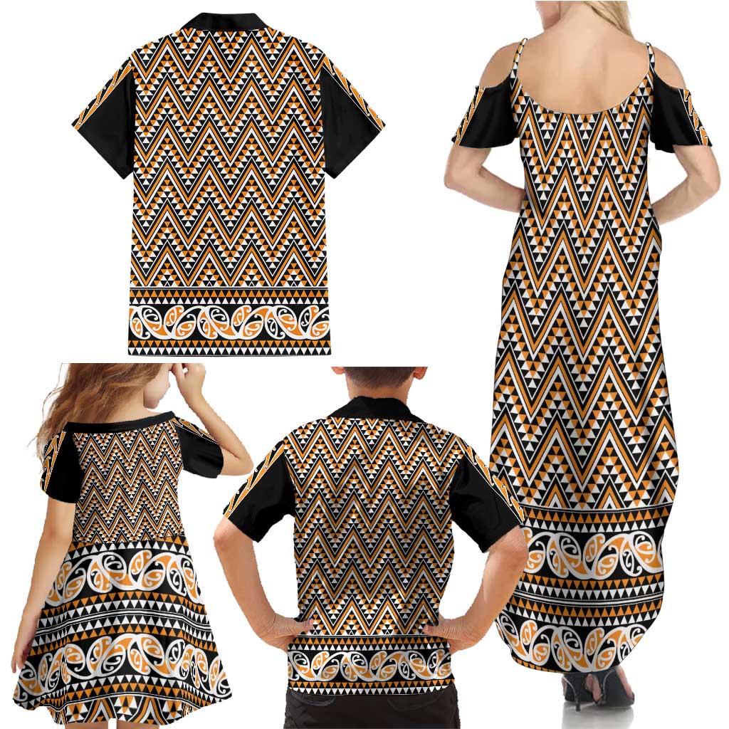 New Zealand Maori Niho Taniwha Family Matching Summer Maxi Dress and Hawaiian Shirt Karaka Mangopare and Puhoro Pattern