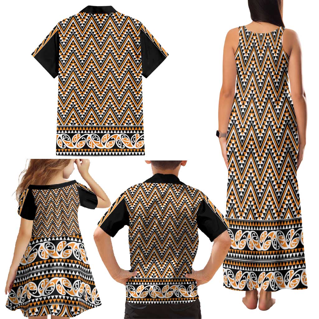 New Zealand Maori Niho Taniwha Family Matching Tank Maxi Dress and Hawaiian Shirt Karaka Mangopare and Puhoro Pattern