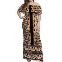 New Zealand Maori Niho Taniwha Off Shoulder Maxi Dress Karaka Mangopare and Puhoro Pattern