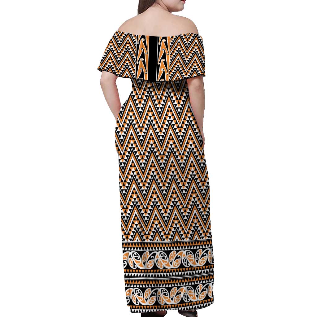 New Zealand Maori Niho Taniwha Off Shoulder Maxi Dress Karaka Mangopare and Puhoro Pattern