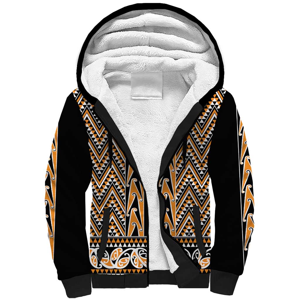 New Zealand Maori Niho Taniwha Sherpa Hoodie Karaka Mangopare and Puhoro Pattern