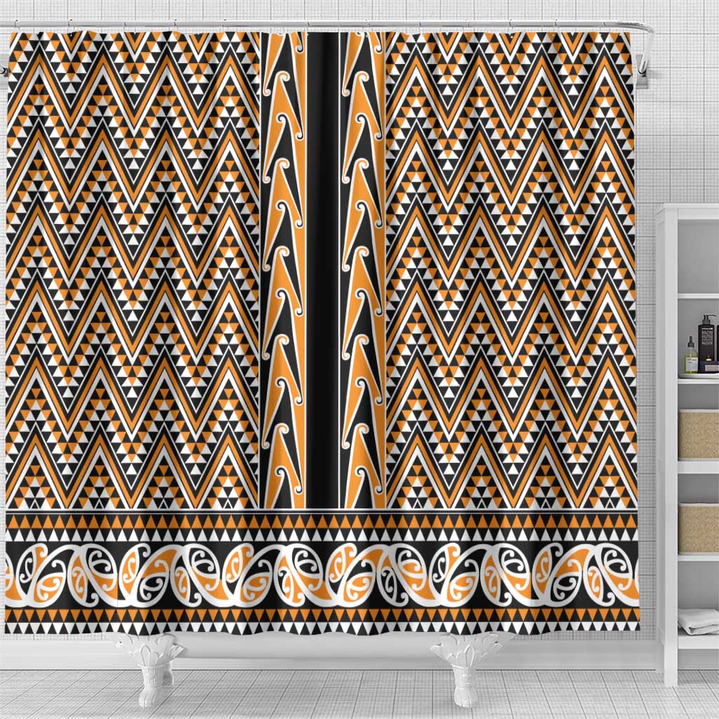 New Zealand Maori Niho Taniwha Shower Curtain Karaka Mangopare and Puhoro Pattern