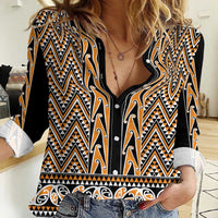 New Zealand Maori Niho Taniwha Women Casual Shirt Karaka Mangopare and Puhoro Pattern