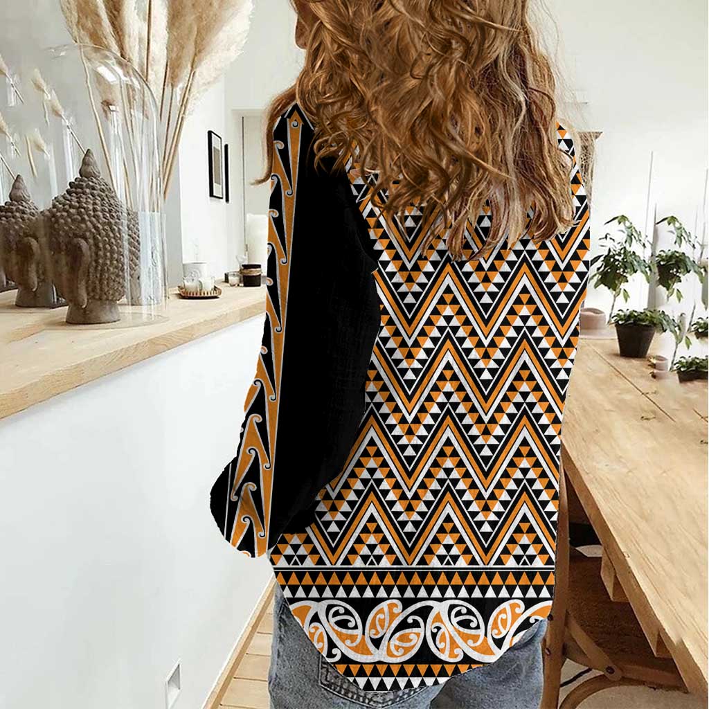 New Zealand Maori Niho Taniwha Women Casual Shirt Karaka Mangopare and Puhoro Pattern