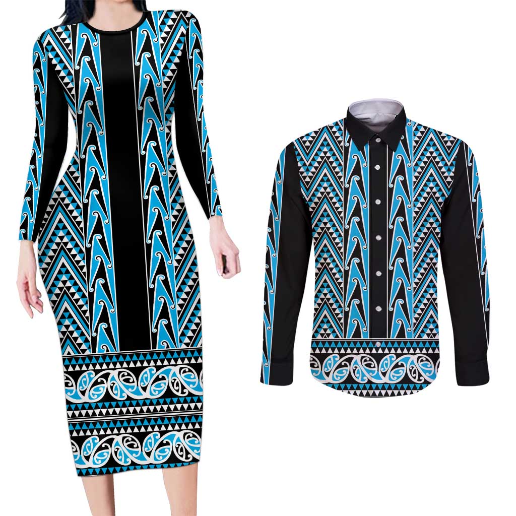New Zealand Maori Niho Taniwha Couples Matching Long Sleeve Bodycon Dress and Long Sleeve Button Shirt Kikorangi Mangopare and Puhoro Pattern