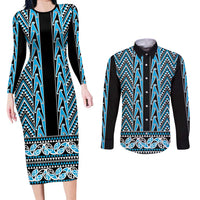 New Zealand Maori Niho Taniwha Couples Matching Long Sleeve Bodycon Dress and Long Sleeve Button Shirt Kikorangi Mangopare and Puhoro Pattern