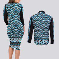 New Zealand Maori Niho Taniwha Couples Matching Long Sleeve Bodycon Dress and Long Sleeve Button Shirt Kikorangi Mangopare and Puhoro Pattern