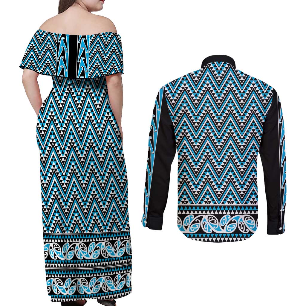 New Zealand Maori Niho Taniwha Couples Matching Off Shoulder Maxi Dress and Long Sleeve Button Shirt Kikorangi Mangopare and Puhoro Pattern