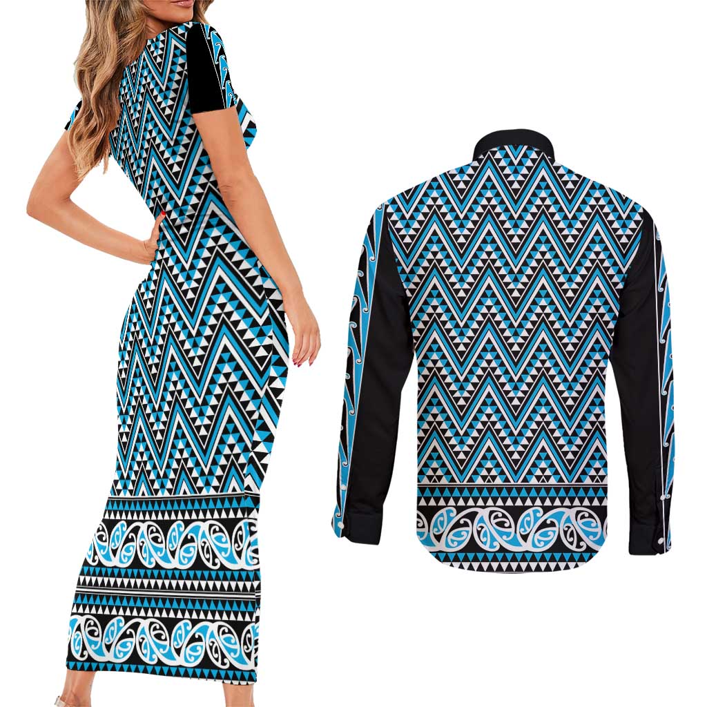 New Zealand Maori Niho Taniwha Couples Matching Short Sleeve Bodycon Dress and Long Sleeve Button Shirt Kikorangi Mangopare and Puhoro Pattern