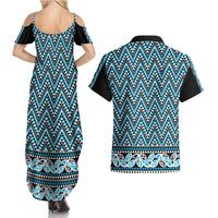 New Zealand Maori Niho Taniwha Couples Matching Summer Maxi Dress and Hawaiian Shirt Kikorangi Mangopare and Puhoro Pattern