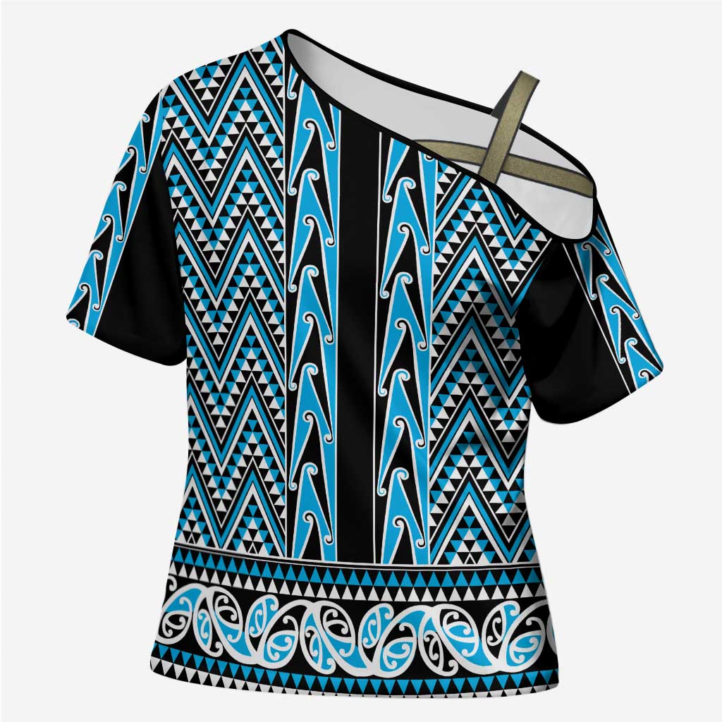 New Zealand Maori Niho Taniwha Cross Shoulder Shirt Kikorangi Mangopare and Puhoro Pattern - Polynesian Pride