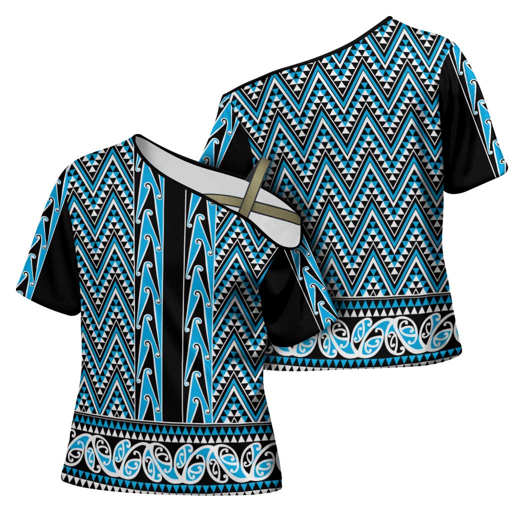 New Zealand Maori Niho Taniwha Cross Shoulder Shirt Kikorangi Mangopare and Puhoro Pattern - Polynesian Pride