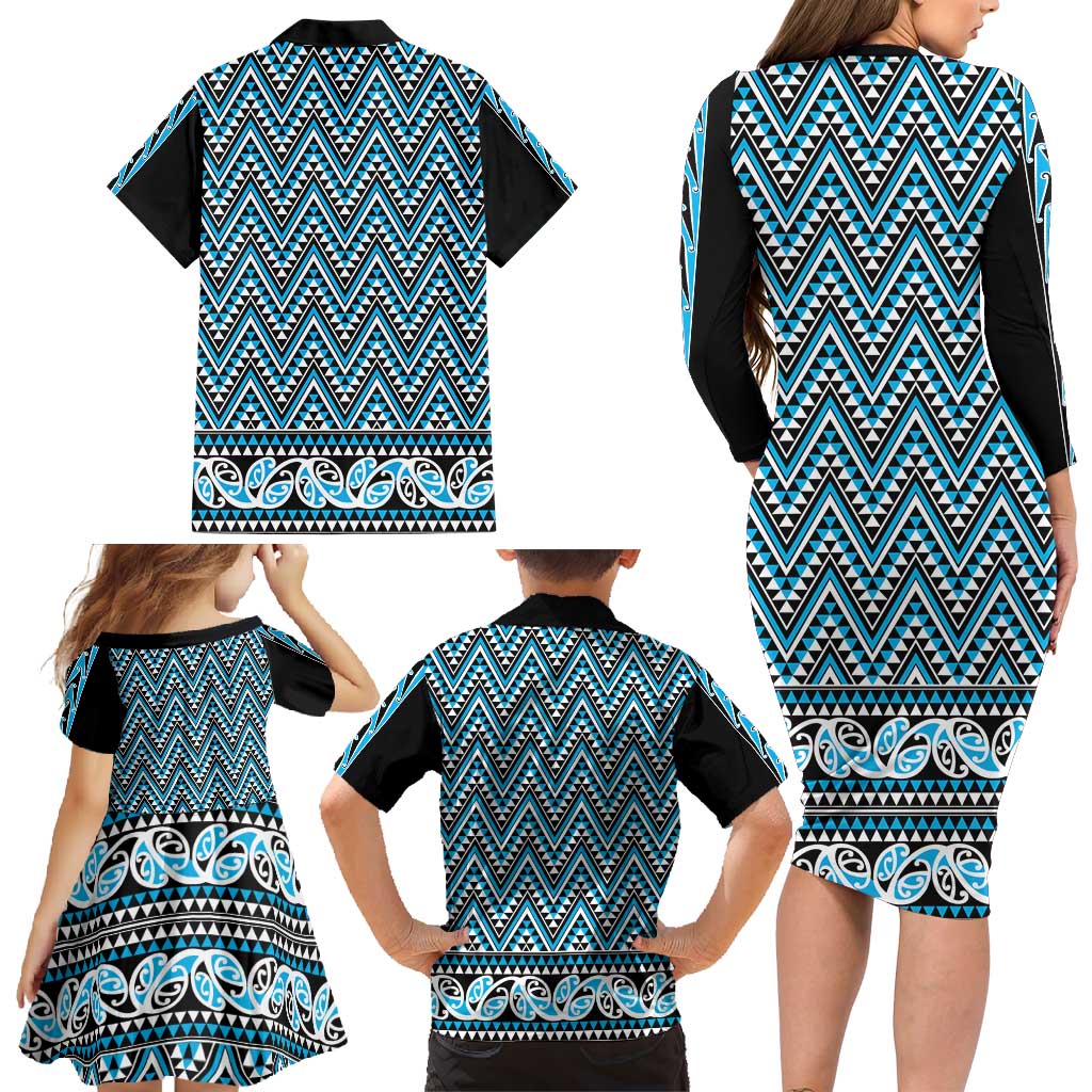 New Zealand Maori Niho Taniwha Family Matching Long Sleeve Bodycon Dress and Hawaiian Shirt Kikorangi Mangopare and Puhoro Pattern