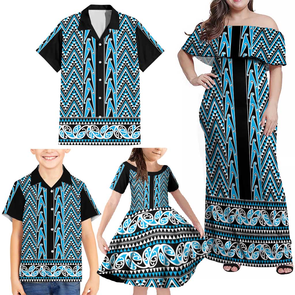 New Zealand Maori Niho Taniwha Family Matching Off Shoulder Maxi Dress and Hawaiian Shirt Kikorangi Mangopare and Puhoro Pattern