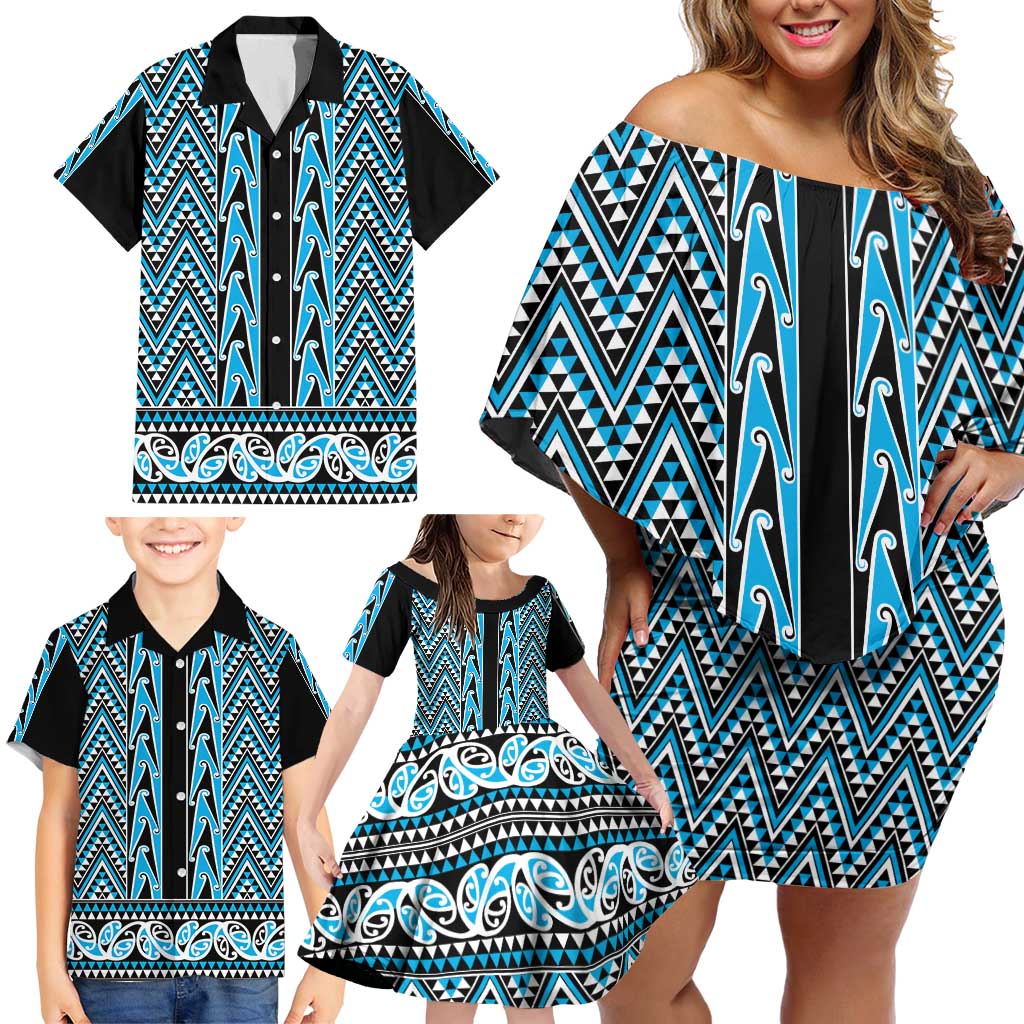 New Zealand Maori Niho Taniwha Family Matching Off Shoulder Short Dress and Hawaiian Shirt Kikorangi Mangopare and Puhoro Pattern