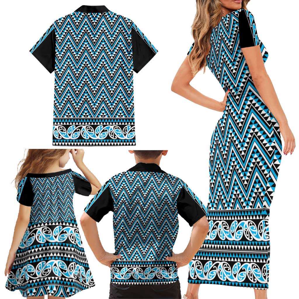 New Zealand Maori Niho Taniwha Family Matching Short Sleeve Bodycon Dress and Hawaiian Shirt Kikorangi Mangopare and Puhoro Pattern