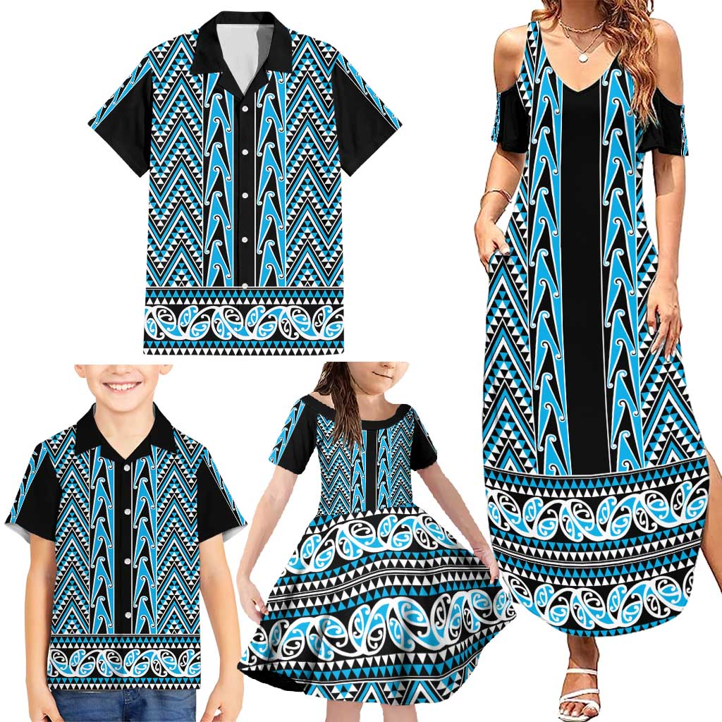 New Zealand Maori Niho Taniwha Family Matching Summer Maxi Dress and Hawaiian Shirt Kikorangi Mangopare and Puhoro Pattern