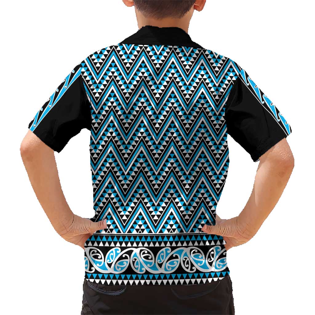 New Zealand Maori Niho Taniwha Kid Hawaiian Shirt Kikorangi Mangopare and Puhoro Pattern