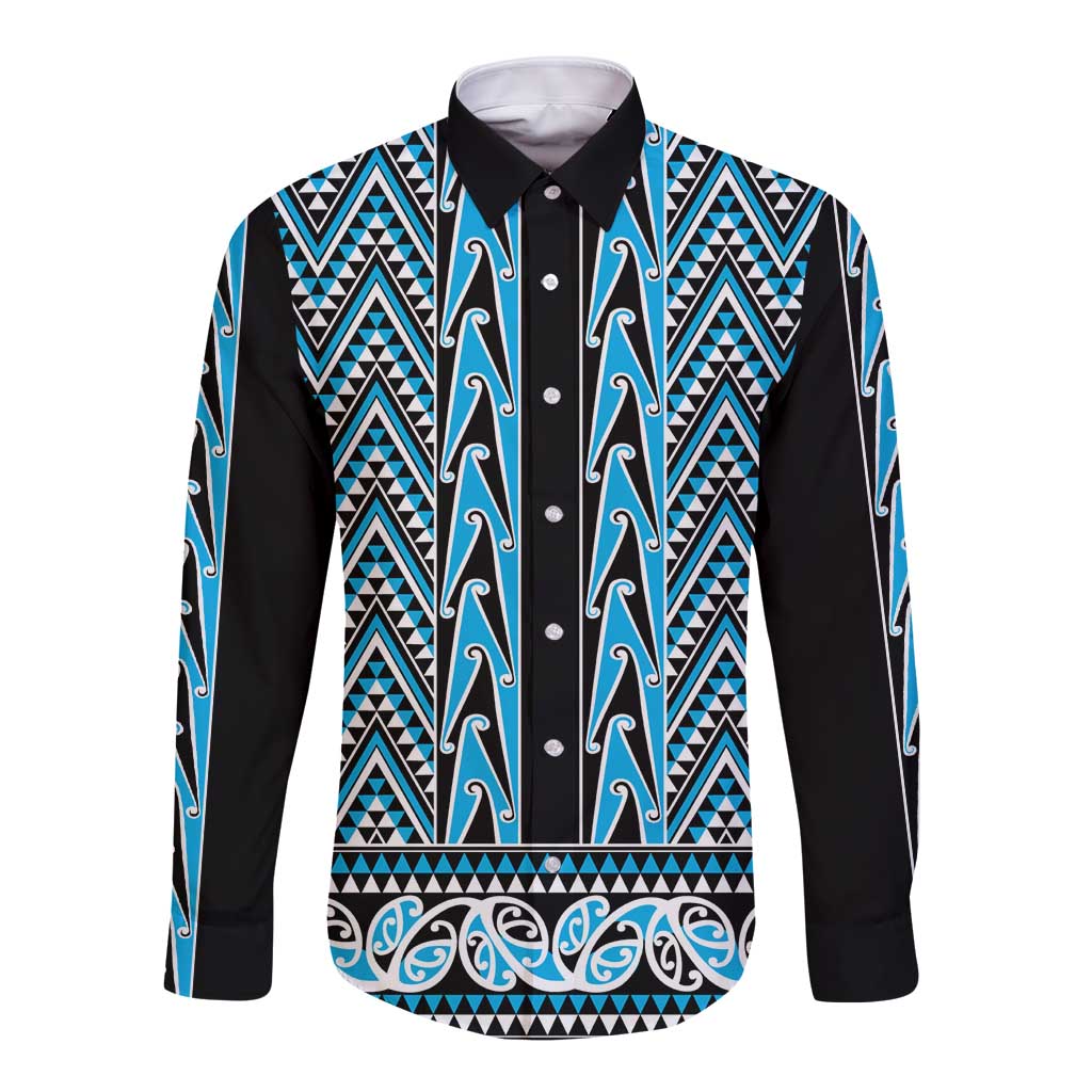 New Zealand Maori Niho Taniwha Long Sleeve Button Shirt Kikorangi Mangopare and Puhoro Pattern