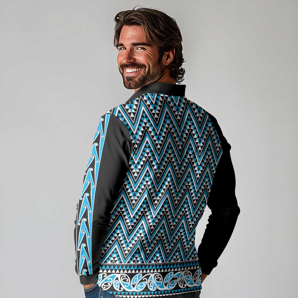 New Zealand Maori Niho Taniwha Long Sleeve Polo Shirt Kikorangi Mangopare and Puhoro Pattern