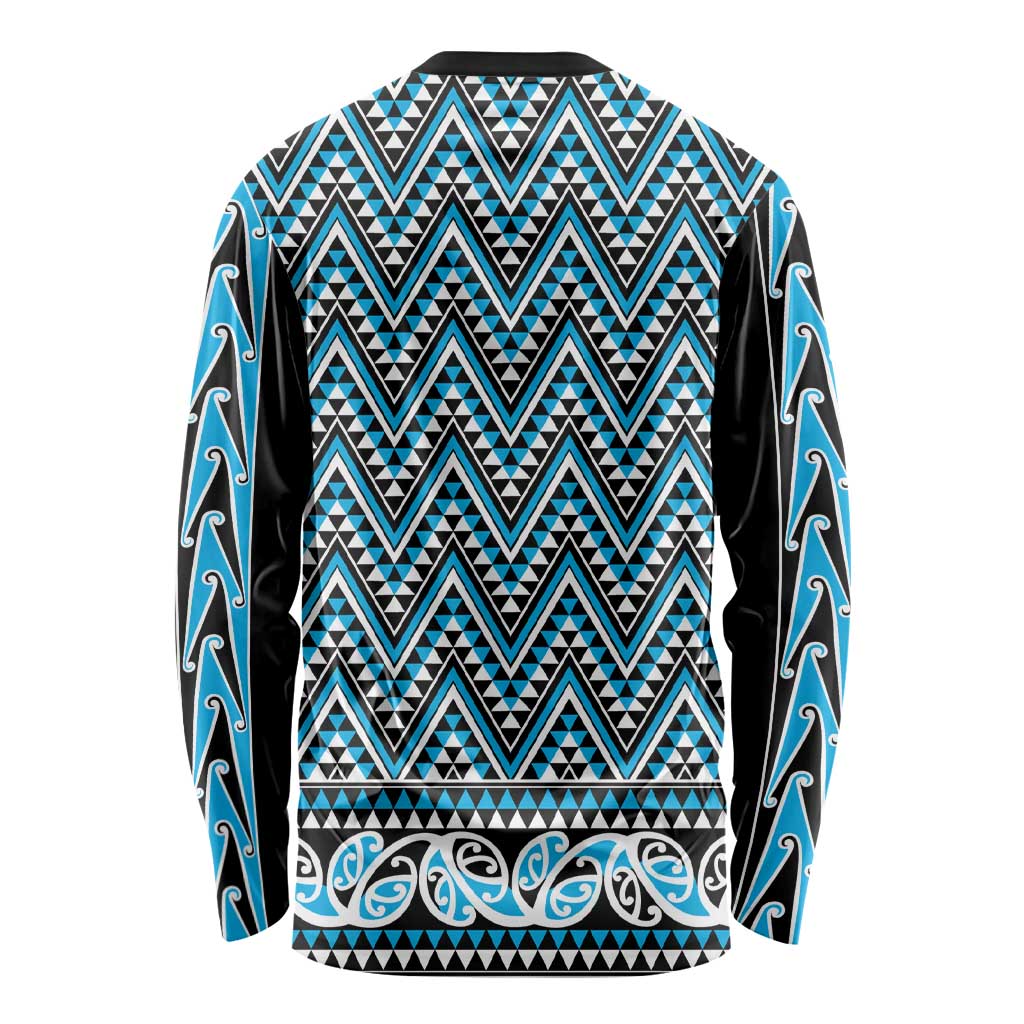 New Zealand Maori Niho Taniwha Long Sleeve Shirt Kikorangi Mangopare and Puhoro Pattern