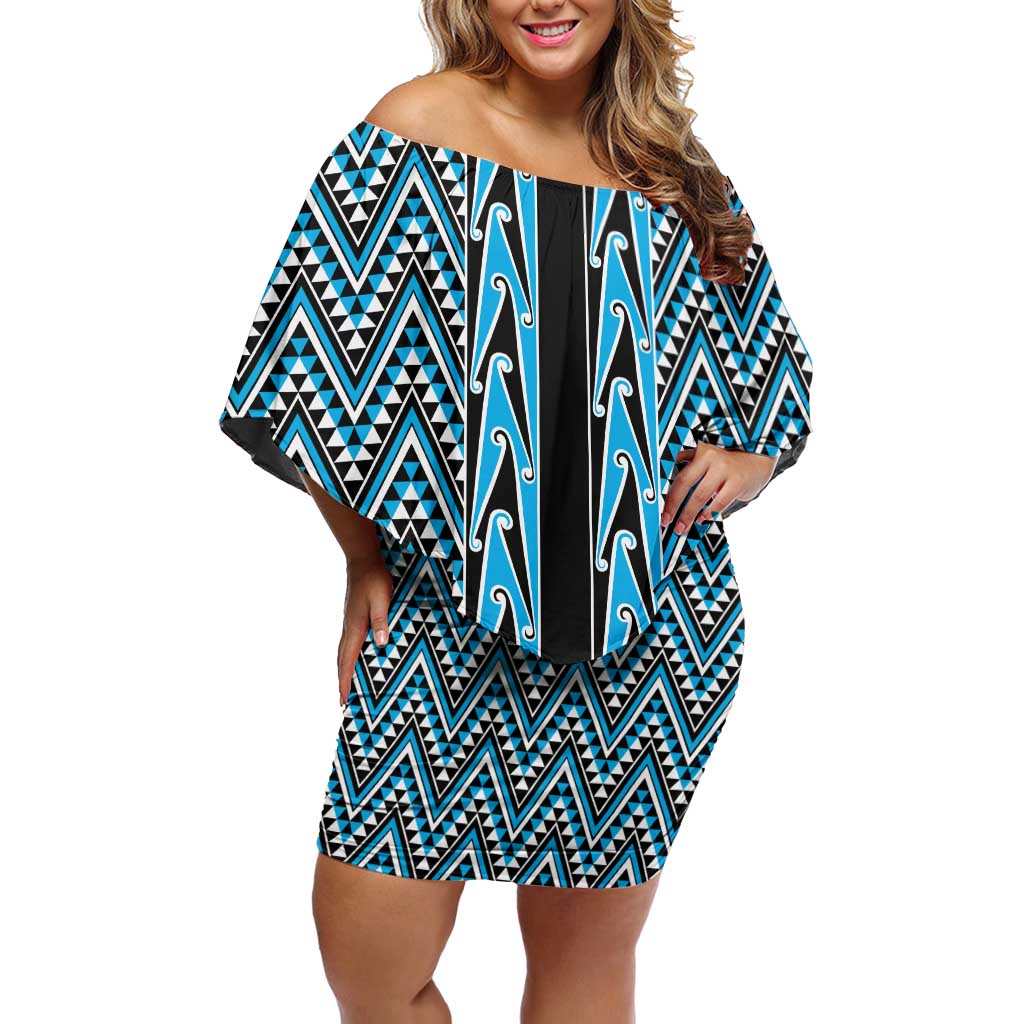 New Zealand Maori Niho Taniwha Off Shoulder Short Dress Kikorangi Mangopare and Puhoro Pattern