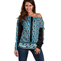 New Zealand Maori Niho Taniwha Off Shoulder Sweater Kikorangi Mangopare and Puhoro Pattern
