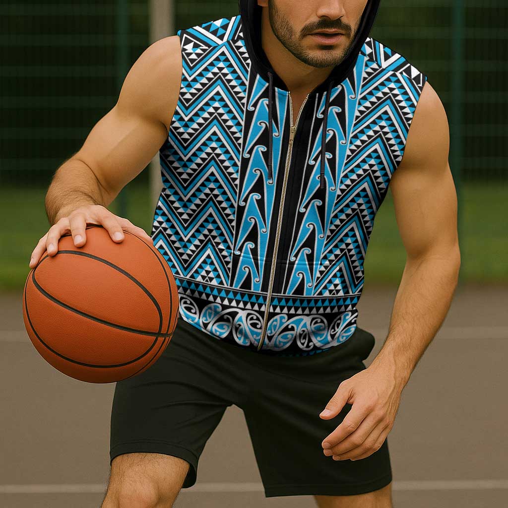 New Zealand Maori Niho Taniwha Sleeveless Zip Hoodie Kikorangi Mangopare and Puhoro Pattern - Polynesian Pride