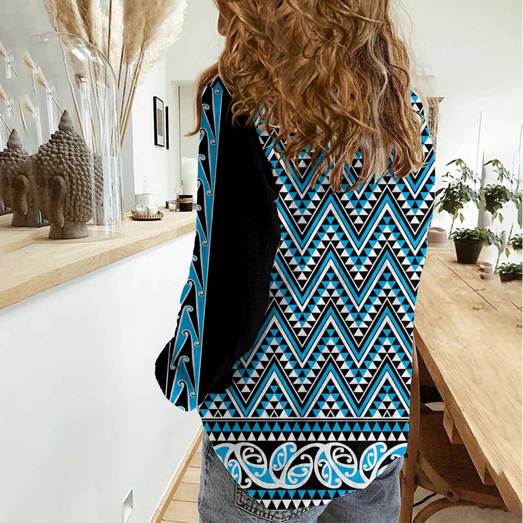 New Zealand Maori Niho Taniwha Women Casual Shirt Kikorangi Mangopare and Puhoro Pattern
