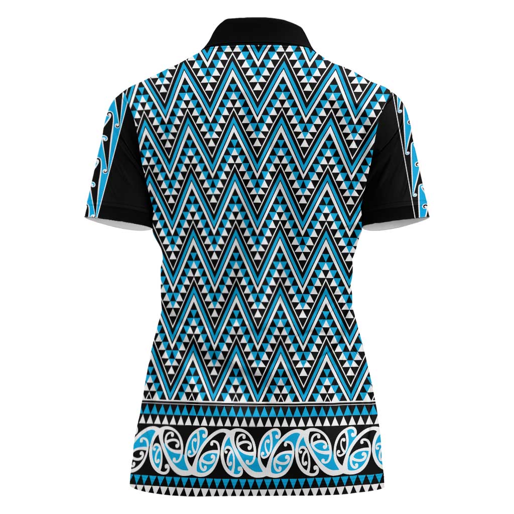 New Zealand Maori Niho Taniwha Women Polo Shirt Kikorangi Mangopare and Puhoro Pattern