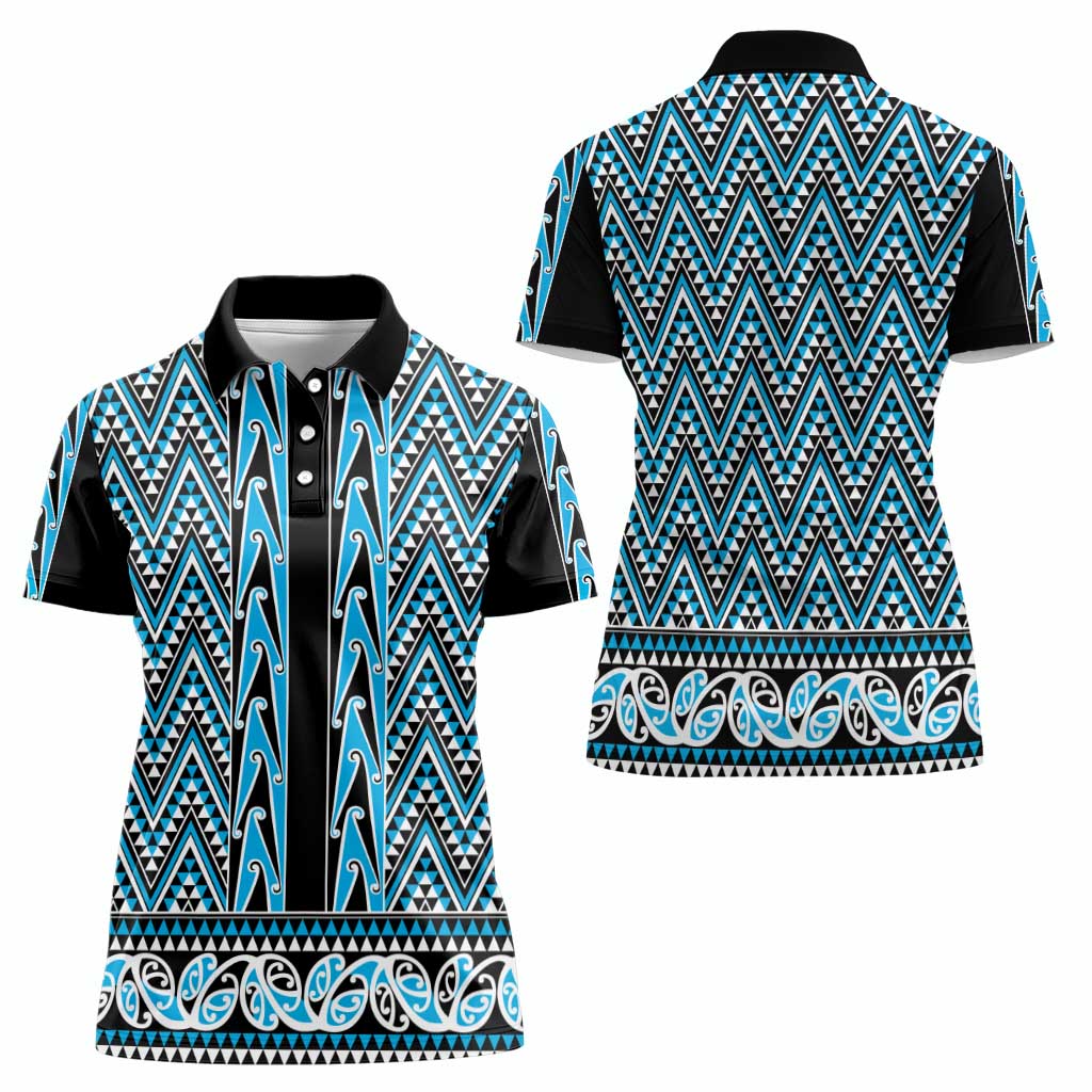 New Zealand Maori Niho Taniwha Women Polo Shirt Kikorangi Mangopare and Puhoro Pattern