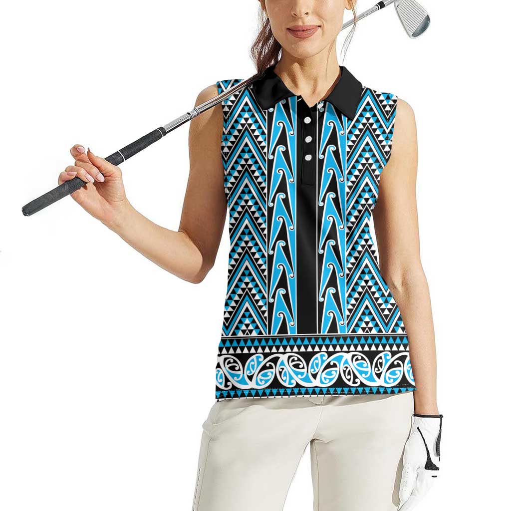 New Zealand Maori Niho Taniwha Women Sleeveless Polo Shirt Kikorangi Mangopare and Puhoro Pattern