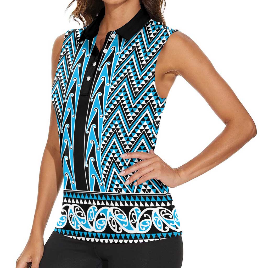 New Zealand Maori Niho Taniwha Women Sleeveless Polo Shirt Kikorangi Mangopare and Puhoro Pattern