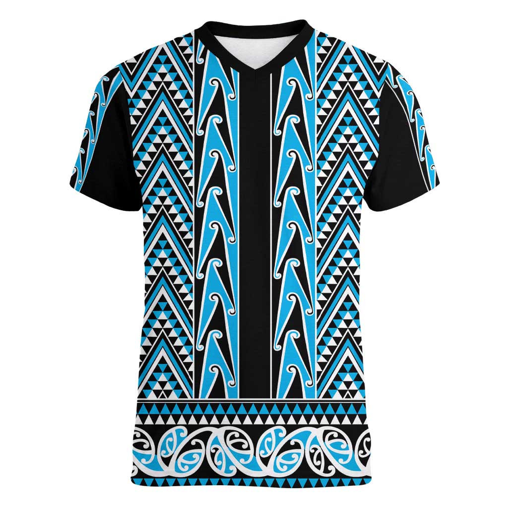 New Zealand Maori Niho Taniwha Women V-Neck T-Shirt Kikorangi Mangopare and Puhoro Pattern