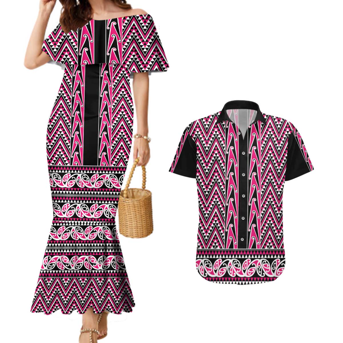 New Zealand Maori Niho Taniwha Couples Matching Mermaid Dress and Hawaiian Shirt Mawhero Mangopare and Puhoro Pattern