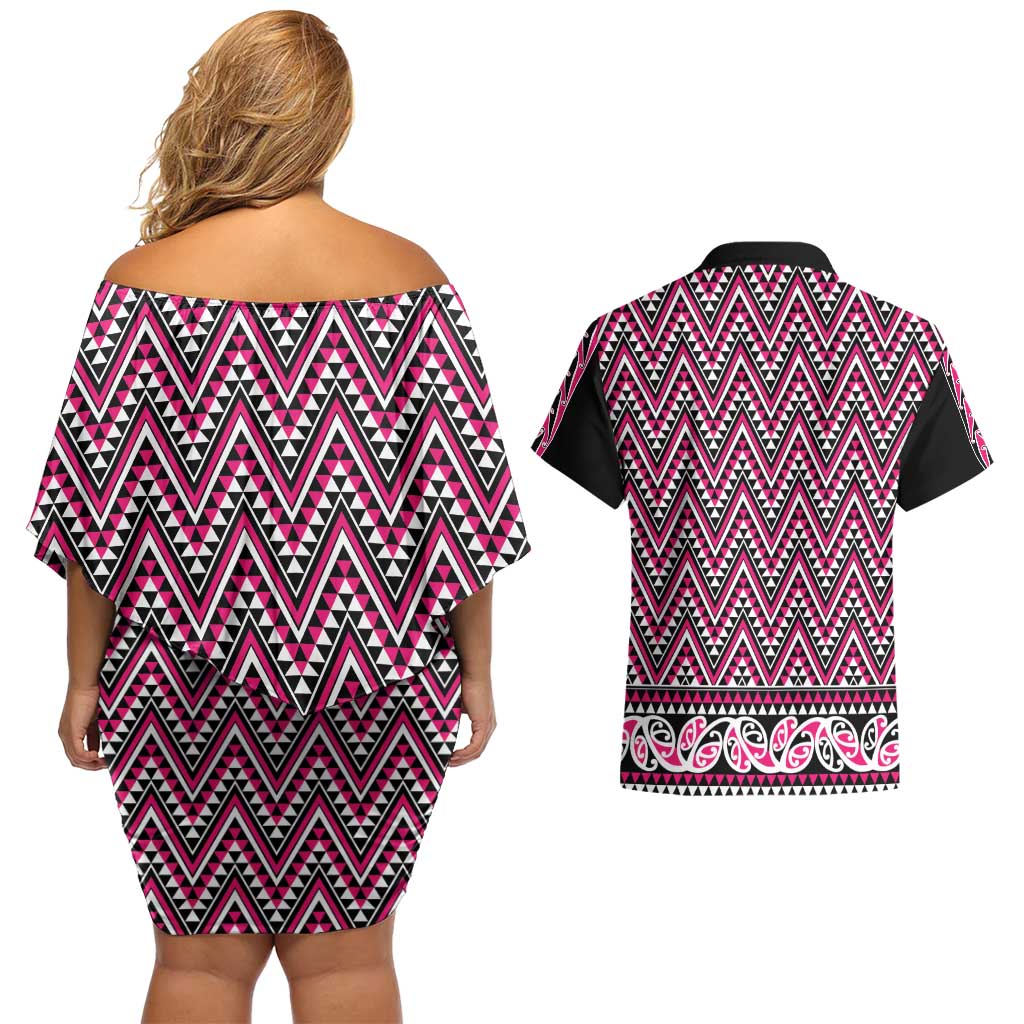 New Zealand Maori Niho Taniwha Couples Matching Off Shoulder Short Dress and Hawaiian Shirt Mawhero Mangopare and Puhoro Pattern