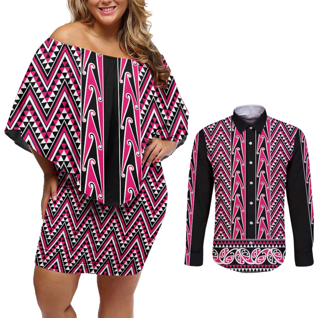 New Zealand Maori Niho Taniwha Couples Matching Off Shoulder Short Dress and Long Sleeve Button Shirt Mawhero Mangopare and Puhoro Pattern