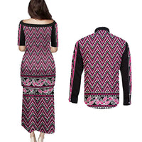 New Zealand Maori Niho Taniwha Couples Matching Puletasi and Long Sleeve Button Shirt Mawhero Mangopare and Puhoro Pattern