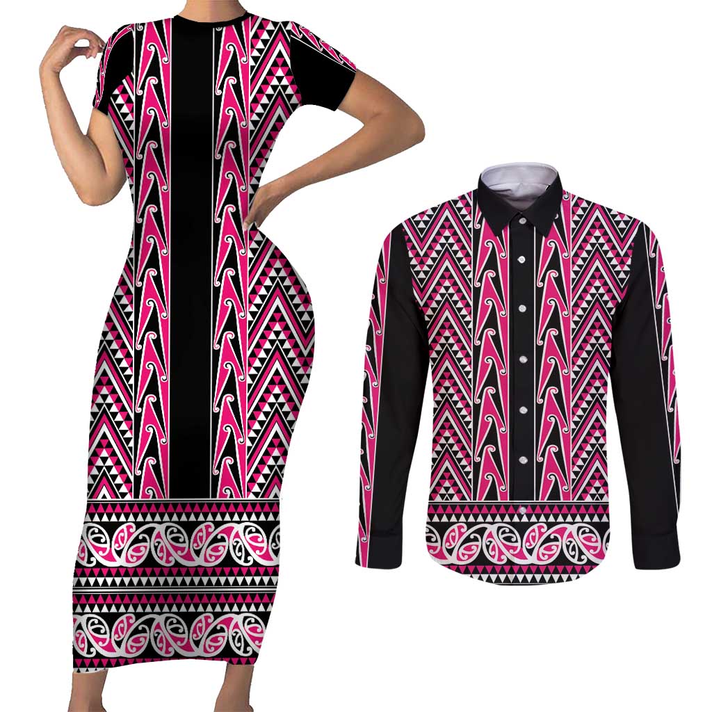 New Zealand Maori Niho Taniwha Couples Matching Short Sleeve Bodycon Dress and Long Sleeve Button Shirt Mawhero Mangopare and Puhoro Pattern