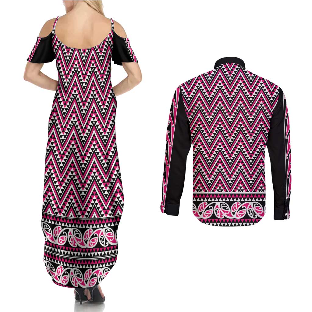 New Zealand Maori Niho Taniwha Couples Matching Summer Maxi Dress and Long Sleeve Button Shirt Mawhero Mangopare and Puhoro Pattern